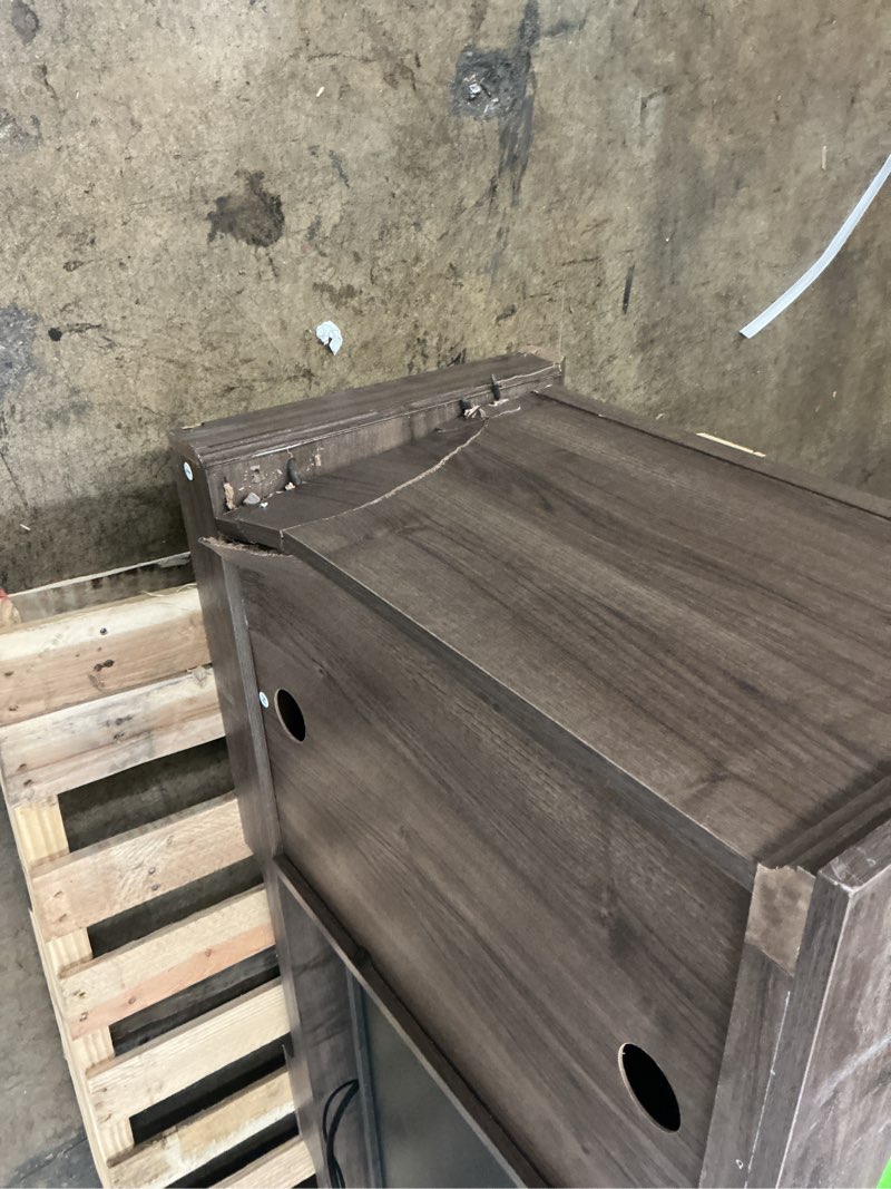 Condition photo showing As Is for allen + roth 72-in w brown walnut tv stand with infrared quartz flat wall electric fireplace 