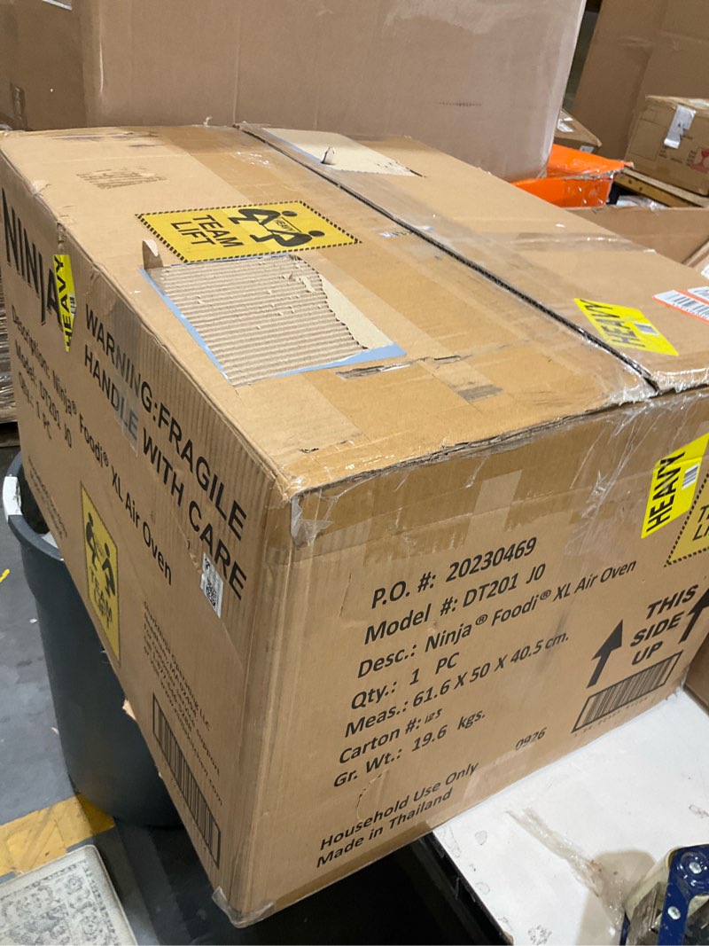 Condition photo showing As Is for ninja air fryer & toaster oven combo | 10-in-1 foodi xl pro air fry countertop oven | fit a 5-lb chicken & sheet pan of vegetables | bake, dehydrate, toast & more |1800 watts | stainless steel | dt201 silver/piano black
