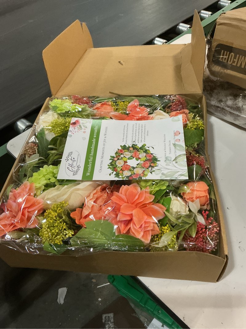 Condition photo showing New/Like New for Spring Wreaths for Front Door Outside 24 Inch Luxury Summer Wreath with White Rose Flowers,Pink Dahlia & Green Hydrangeas,Lush Greenery Spring Front Door Wreath for Home,Wall,Porch Decor