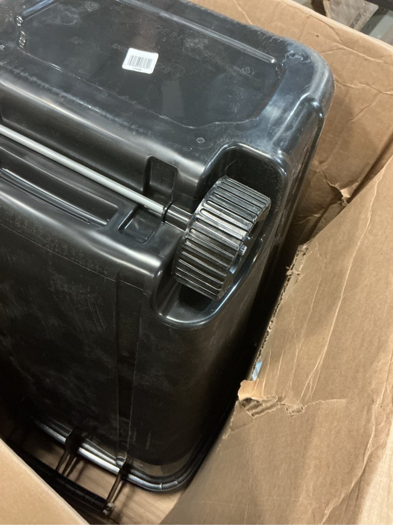Condition photo showing Good Condition for united solutions 32 gallon wheeled outdoor garbage can with attached snap lock lid and heavy-duty handles, black, heavy-duty construction, perfect backyard, deck, or garage trash can, 2 pack black 32 gallon - 2 pack wheeled garbage can