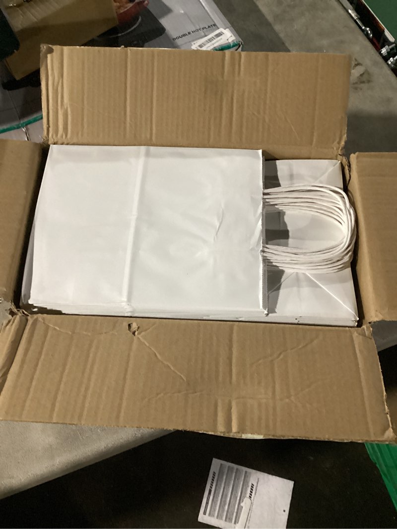Condition photo showing Good Condition for Toovip 100 Pack 8x4.75x10 Inch Medium White Kraft Paper Bags with Handles Bulk, Gift Wrap Bags for Favors Grocery Retail Party Birthday Shopping Business Goody Craft Merchandise Take Out Sacks