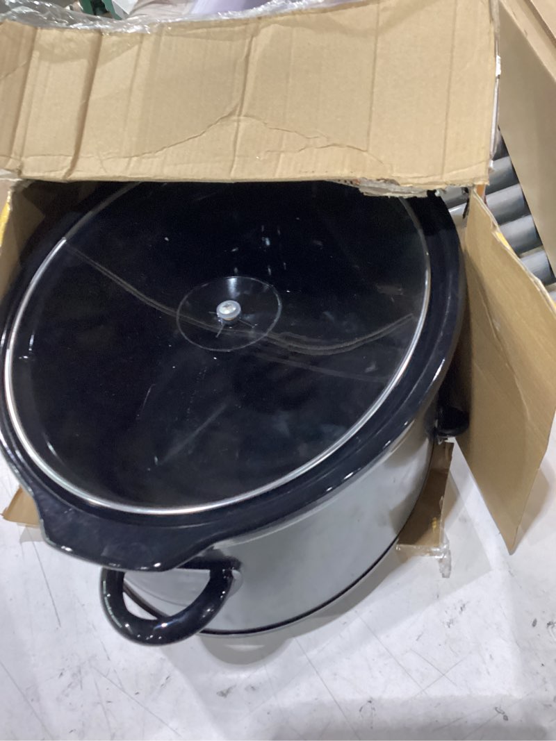 Condition photo showing As Is for crock-pot 7-quart manual slow cooker, family size serves 8+ people & fits 6-lb roast, removable stoneware with warming setting, dishwasher safe for easy cleanup, charcoal 7-quart charcoal