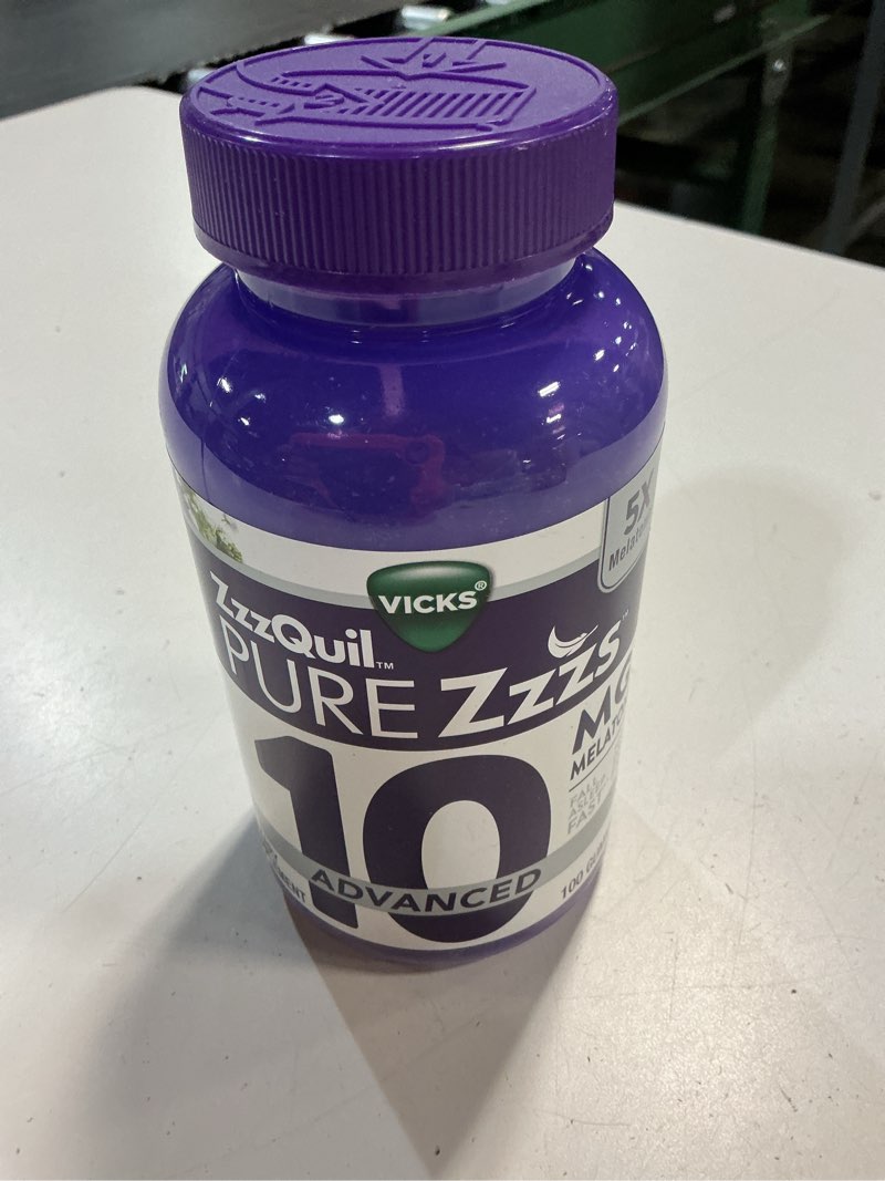 Condition photo showing New/Like New for exp. 10/2026 zzzquil pure zzzs advanced melatonin gummies, melatonin 10mg, sleep aid, with chamomile & lavender, melatonin sleep gummies, sleep aids for adults, berry flavored, 100 sleep gummies 100 count (pack of 1)