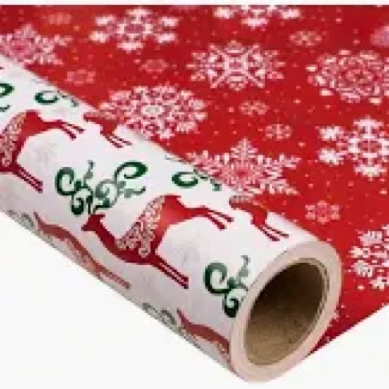 MAYPLUSS Christmas Reversible Wrapping Paper Jumbo Roll - 30 Inches x 100 Feet - Red Green Reindeer 