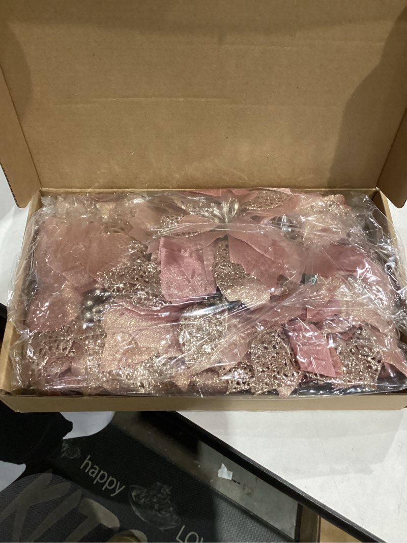 Condition photo showing As Is for Boao 24 Pieces Christmas Artificial Glitter Poinsettia Flowers Xmas Flowers Wedding Christmas Tree New Year Ornaments(Rose Gold)