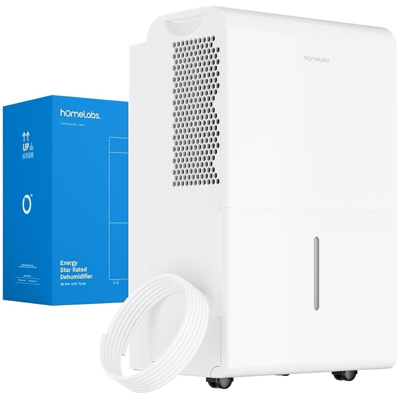 hOmeLabs 50 Pint Wi-Fi Dehumidifier with Pump for up to 7,000 Sq Ft (MAX 120 Pint at 95°F, 90% RH) – High Capacity Moisture Removal for Large Rooms, Offices, and Basements