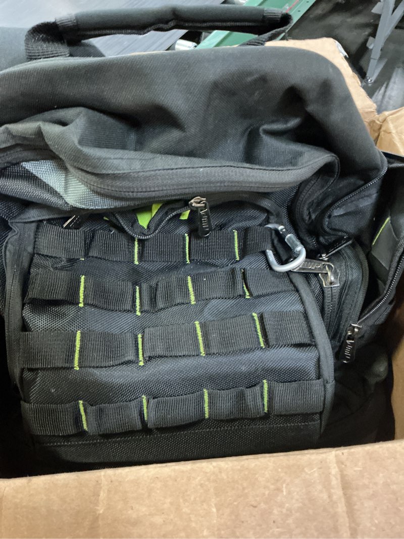 Condition photo showing Good Condition for awp extreme tool backpack, rugged polyester jobsite backpack with waterproof molded base, padded shoulders and waist straps, 23 tool storage pouch pockets, 1l-22419-2