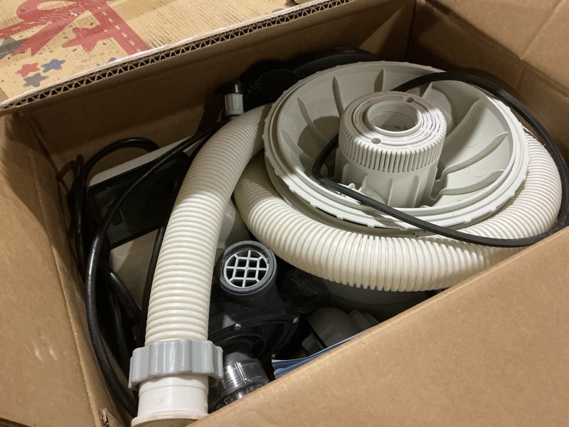 Condition photo showing As Is for intex 1,500 gph krystal clear sand filter pump for above ground pools, swimming pool pump with automatic timer - improved circulation, filtration, & clarity