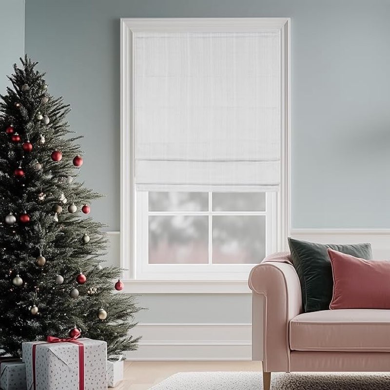 Madison Park Galen Cordless Roman Shade, 27"W x 64"H, Sheen White – Room Darkening, Thermal Insulated, Energy Efficient Window Blind with Subtle Sheen Basketweave Fabric for Privacy