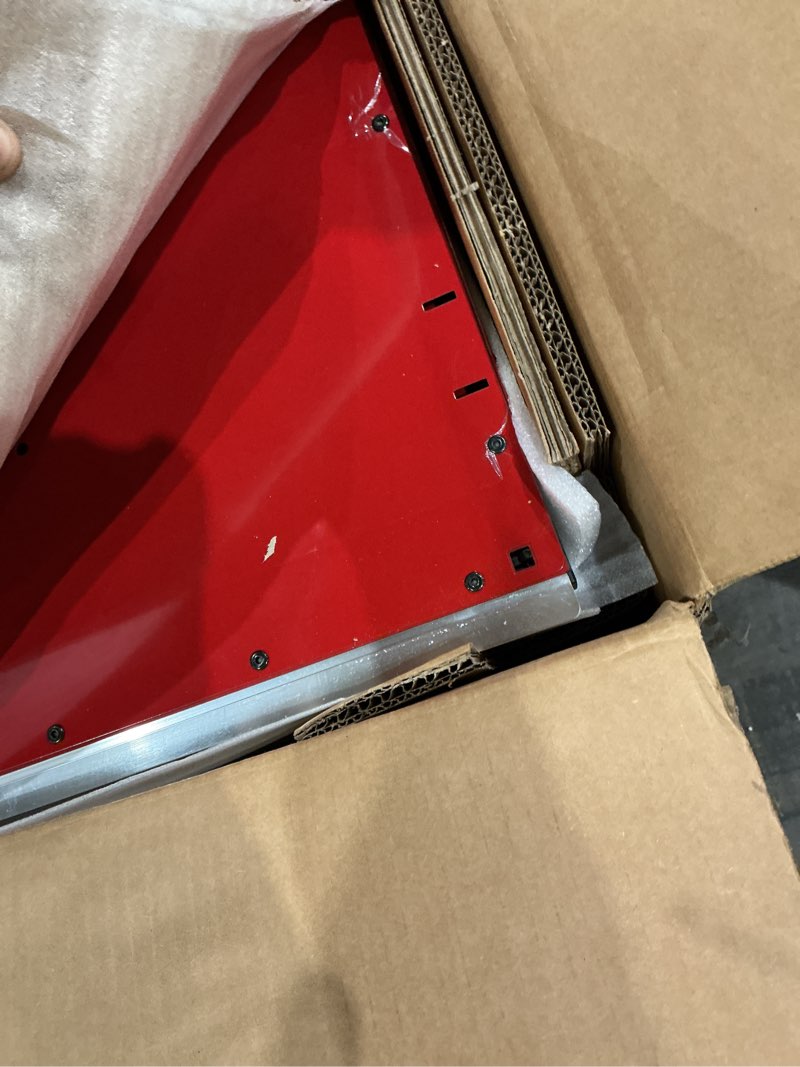 Condition photo showing As Is for ready-to-assemble 24-gauge steel freestanding garage cabinet in red (48 in. w x 72 in. h x 18 in. d)