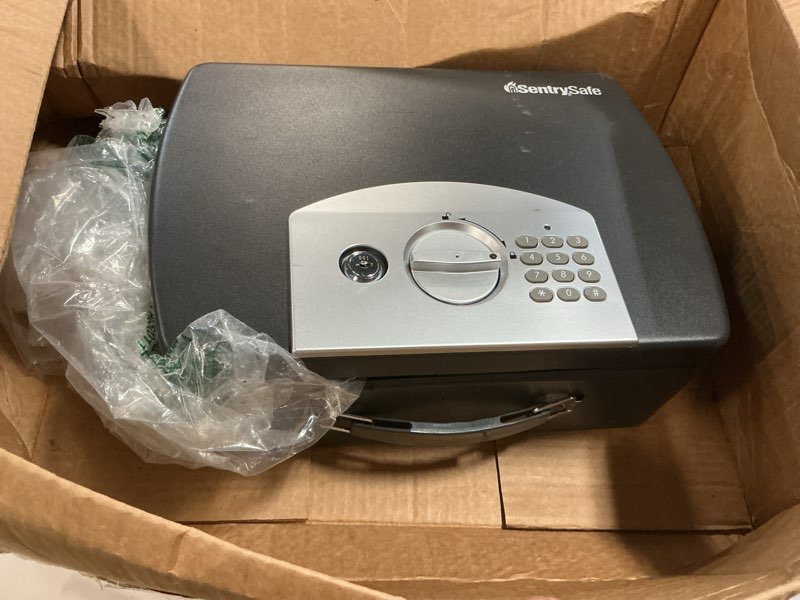Condition photo showing As Is for (missing keys ) sentrysafe portable black safe box with digital keypad lock, small steel travel safe with carrying handle for money, passport, 0.21 cubic feet, 4.4 x 13 x 10 inches, p021e