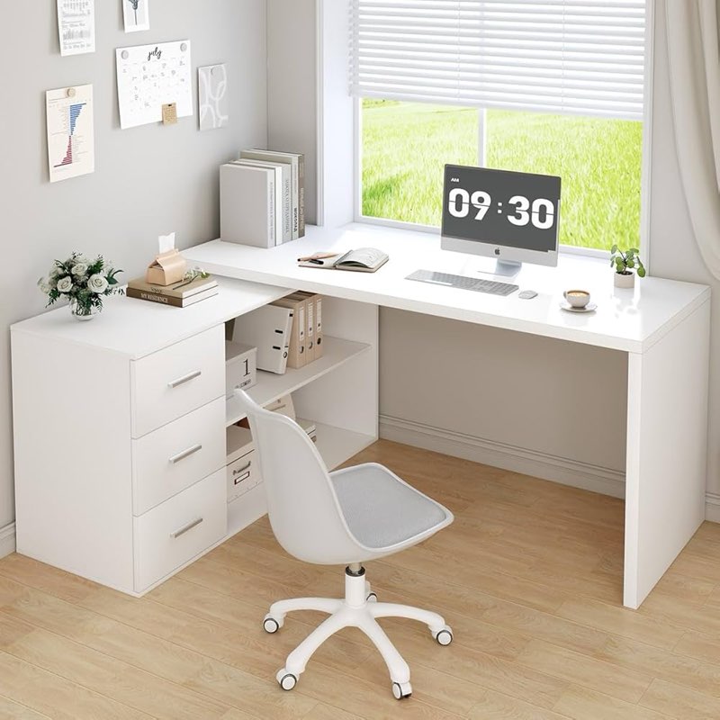 HSH White L Shaped Desk with Drawers Shelves, Corner Home