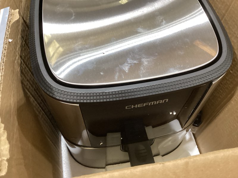 Condition photo showing As Is for chefman air fryer 8 qt | turbofry® 4-in-1 with 450°f hi-fry option for crispier results | bake, dehydrate, frozen | xl nonstick dishwasher-safe basket | stainless steel