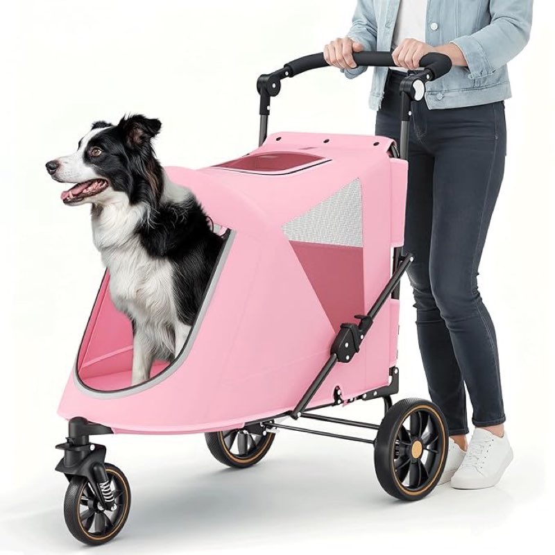 MoNiBloom Pet Stroller for Large Dogs or Multiple Dogs Cats with Adjustable Handle, 3-Wheels Dual Entry Portable Dog Carting Easy Folding Pet Wagon Double Dog Stroller up to 55 lbs, Pink