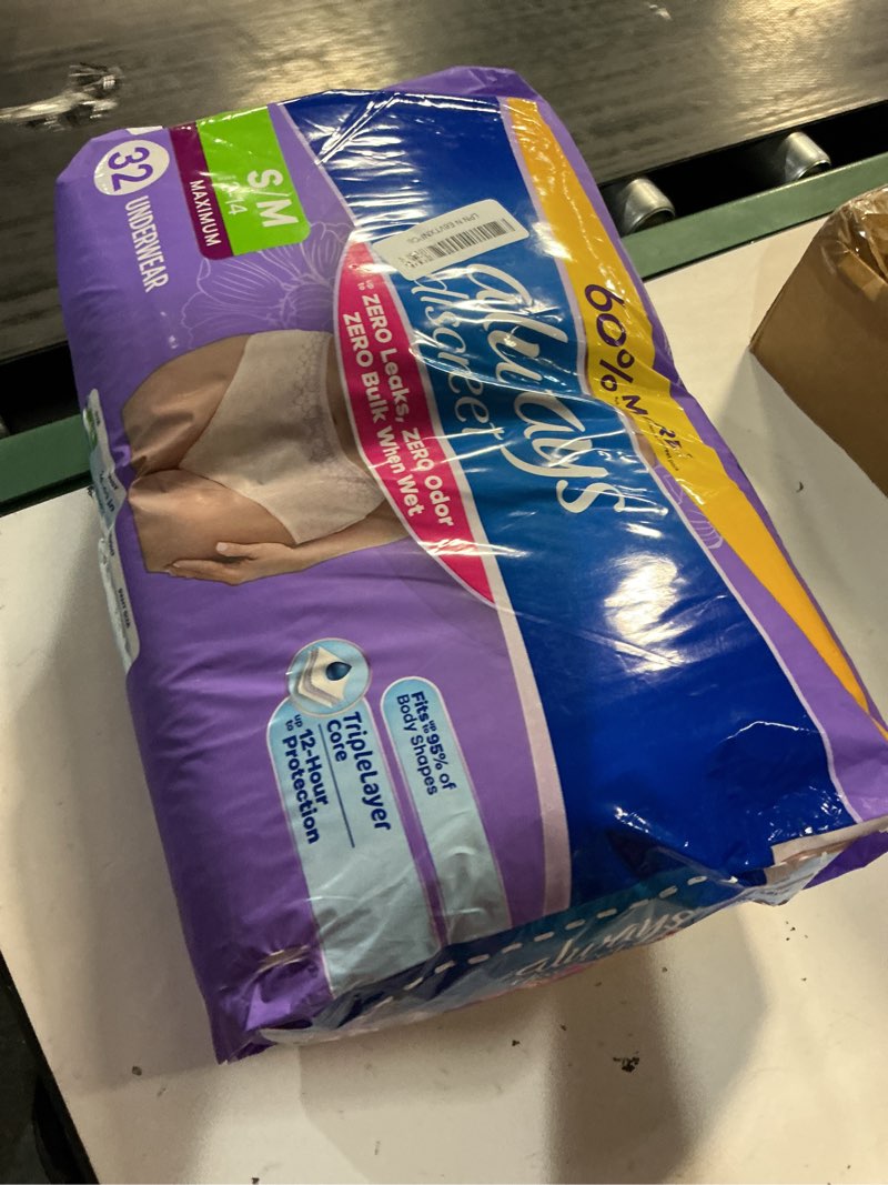 Condition photo showing New/Like New for always discreet adult diapers for women, incontinence underwear, postpartum essentials, disposable briefs, max absorbency, bladder leak protection, small/medium, 32ct small/medium 32