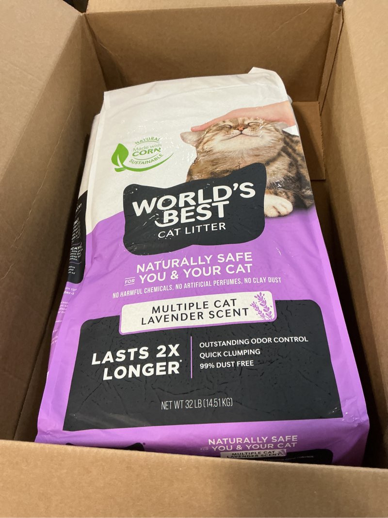 Condition photo showing New/Like New for WORLD'S BEST CAT LITTER Multiple Cat Lavender Scented 32-Pounds - Natural Ingredients, Quick Clumping, Flushable, 99% Dust Free & Made in USA - Calming Fragrance & Long-Lasting Odor Control