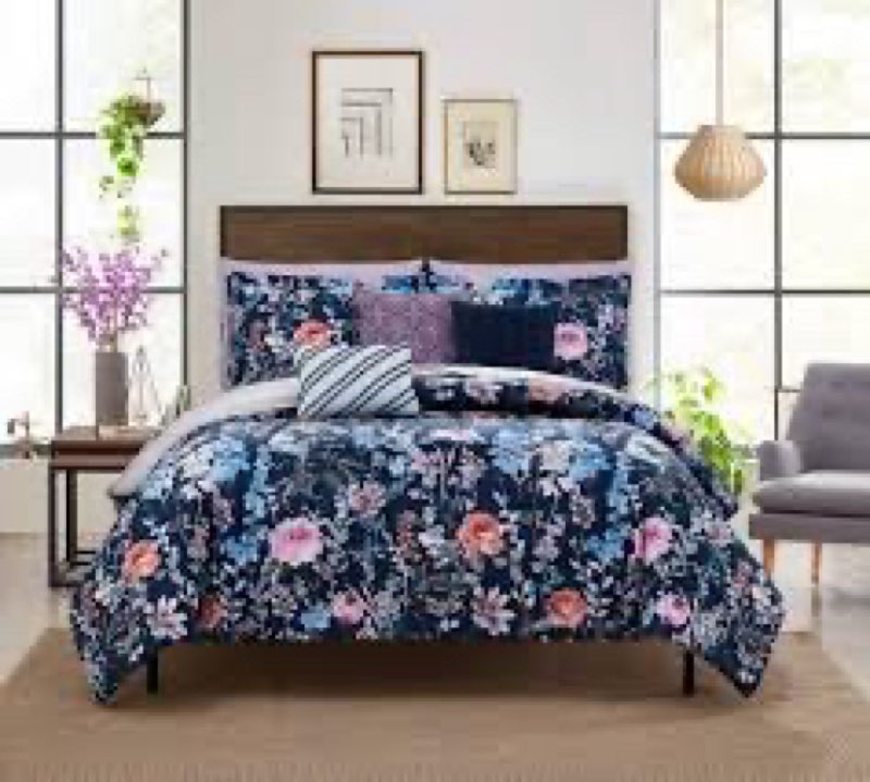 Bedsure Navy Oversized Queen Comforter Set - 7 Pieces Floral Bedding Sets Oversized Queen Bed in a B