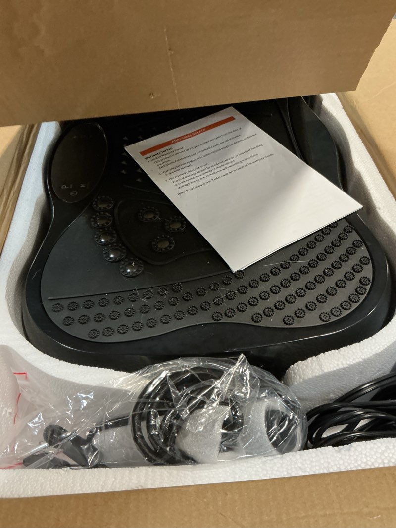 Condition photo showing As Is for vibration plate exercise machine, 130 levels full body workout vibrating plate for lymphatic drainage weight loss, 450 lbs capacity shake platform with resistance bands bluetooth for women men