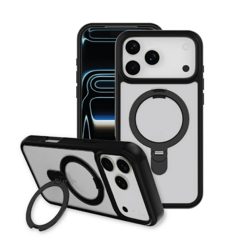 onn magsafe compatible phone case with kickstand for iphone 17 pro max - black/frosted clear
