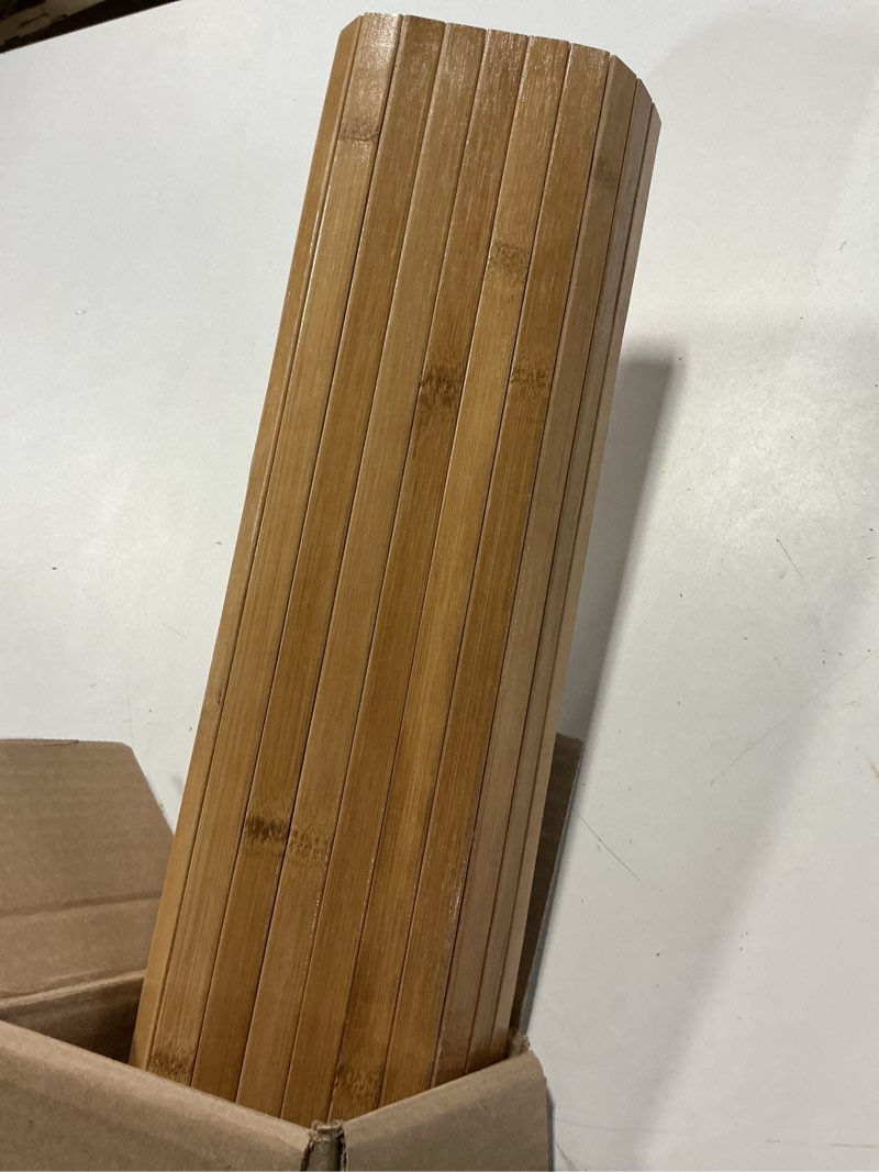 Condition photo showing Good Condition for flexible bamboo wall paneling – 48"x96" pole wrap for basement columns & curved walls – paintable wood slat tambour board for kitchen island, cabinet refacing & diy headboards – natural style 48x96 inch light-carbonized