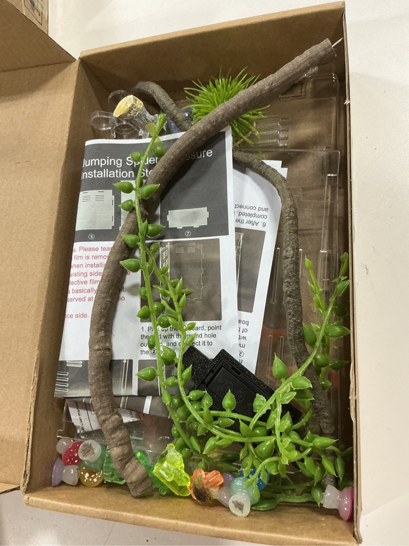 Condition photo showing As Is for jumping spider enclosure,diy insects habitat,small reptile terrarium glass house accessories set,with temperature and humidity detector water feeder platform hide,5.5“x5.5”x9.5“ (luminous mushrooms)