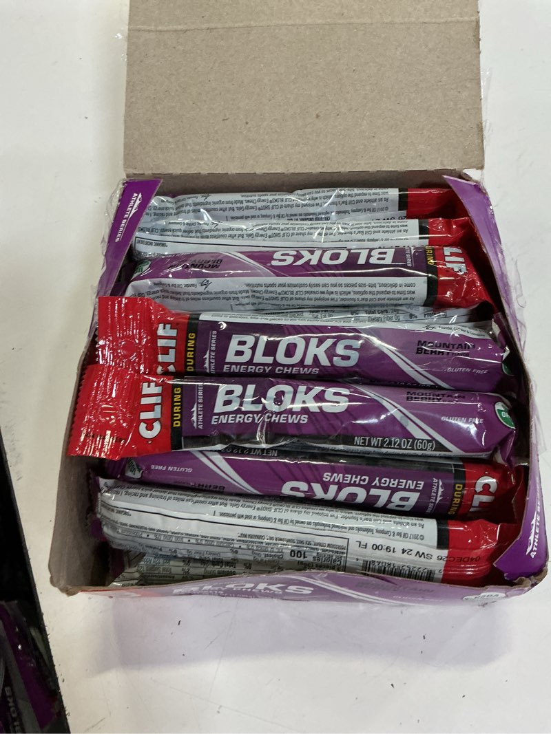Condition photo showing New/Like New for (bb:04/dec/2026)clif bloks - mountain berry flavor - energy chews - non-gmo - plant based - fast fuel for cycling and running - quick carbohydrates and electrolytes - 2.12 oz. (18 count) mountain berry 18 count (pack of 1)
