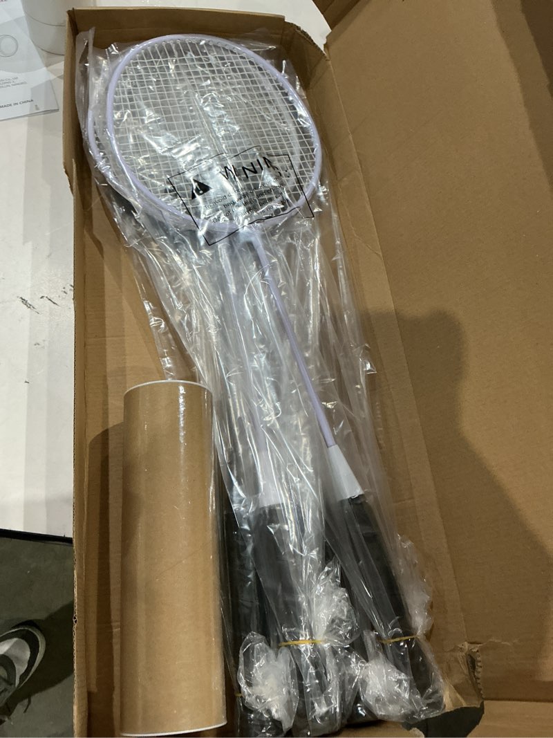 Condition photo showing As Is for badminton rackets set of 4 for outdoor backyard games, including 4 rackets, 6 nylon badminton shuttlecocks, lightweight badminton racquets for beginners