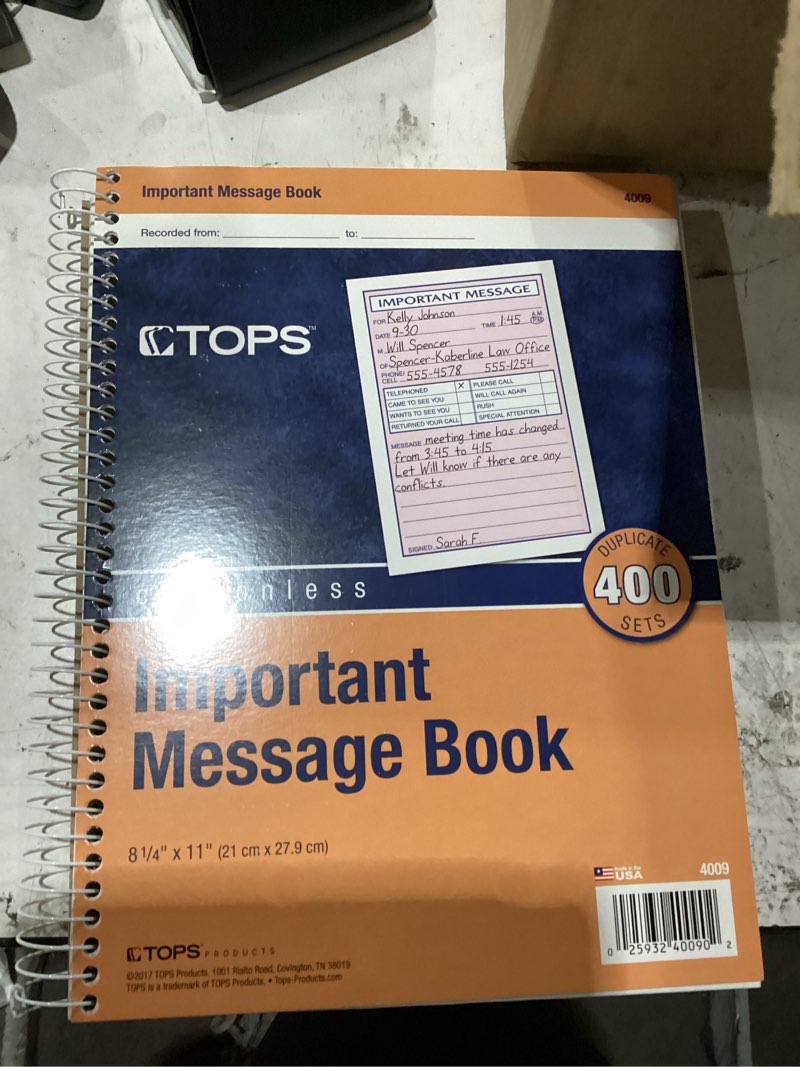 Condition photo showing New/Like New for tops phone message book, spiral bound, 2-part, carbonless, white and canary, 4 messages per page, 400 sets (4009)