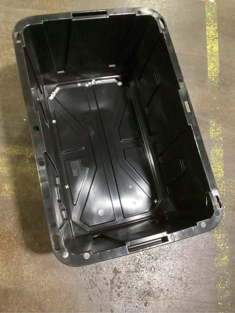 Condition photo showing As Is for project source commander large 27-gallon s (108-quart) black heavy duty tote with standard snap lid