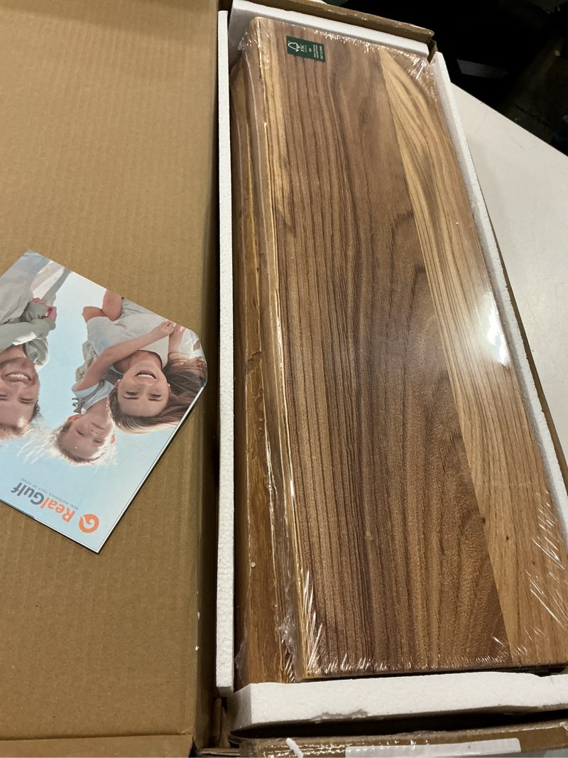 Condition photo showing New/Like New for floating shelves set of 2, solid elm wood wall shelves 24 inch - invisible bracket mount for living room, bedroom, kitchen, bathroom - natural clear natural live edge, 24"l, 2packs