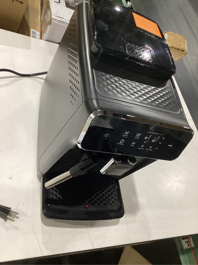 Condition photo showing As Is for **untested** philips 2200 series fully automatic espresso machine, classic milk frother, 2 coffee varieties, intuitive touch display, 100% ceramic grinder, aquaclean filter, aroma seal, black (ep2220/14) 2200 series classic milk frother