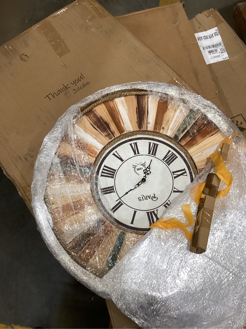 Condition photo showing As Is for vintage 24 inch wall clocks,quartz silent non ticking,battery operated,roman numeral style,for bedroom, kitchen,living room farmhouse rustic vintage color