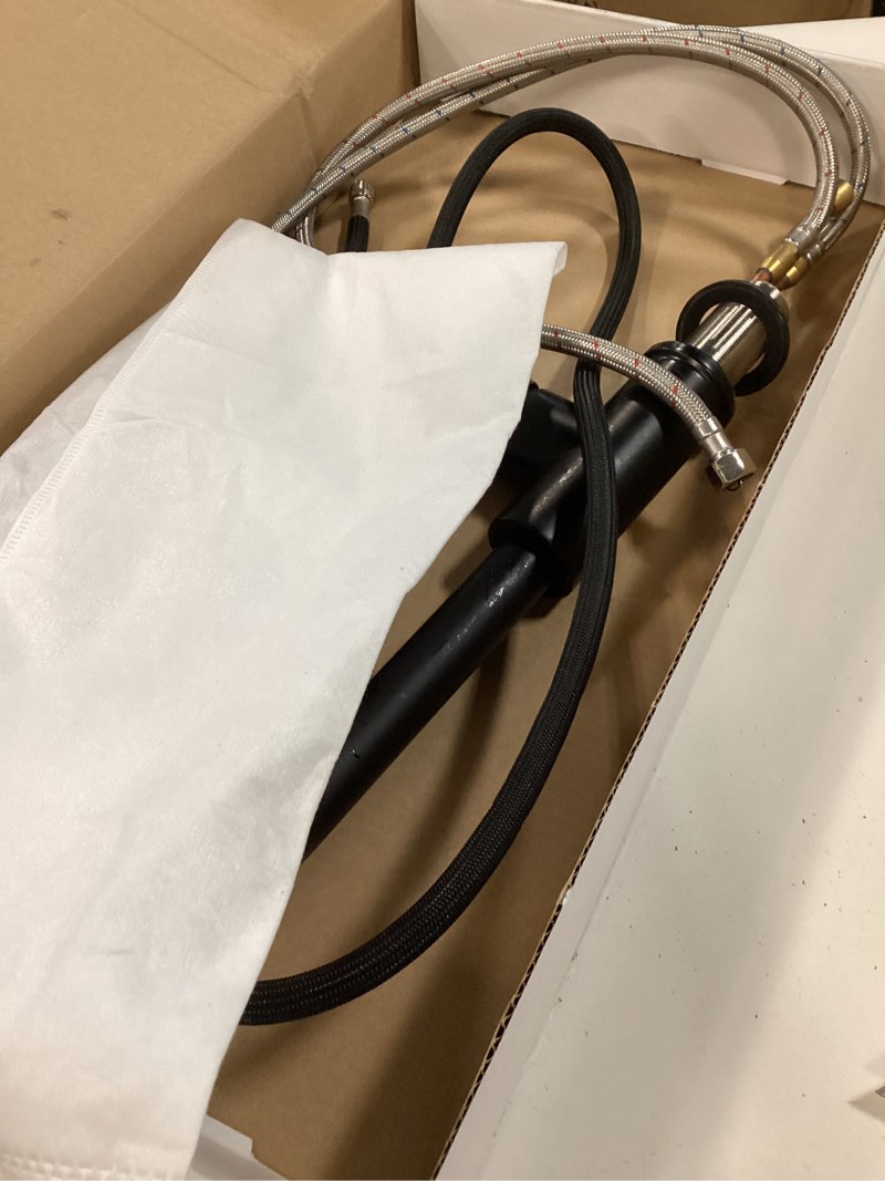 Condition photo showing As Is for Delta Nicoli Matte Black Kitchen Faucet with Pull Down Sprayer, Bridge 3 Hole Modern Kitchen Sink Faucet, Two-Handle, Matte Black 19867LF-BL