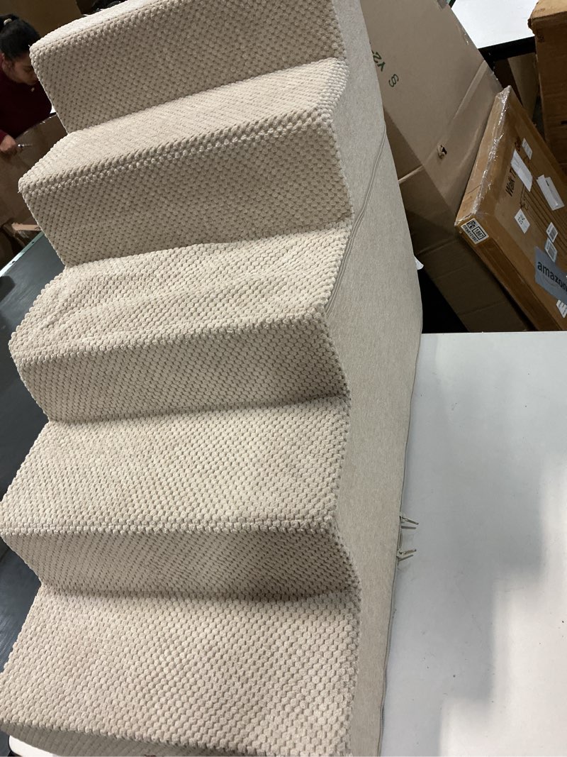 Condition photo showing Good Condition for EHEYCIGA Dog Stairs for High Bed 22.5" H, 5-Step Dog Steps for Bed, Pet Steps for Small Dogs and Cats, Non-Slip Balanced Pet Ramp Indoor, Beige Beige 5 Standard 15.7" x 30" x 22.5"