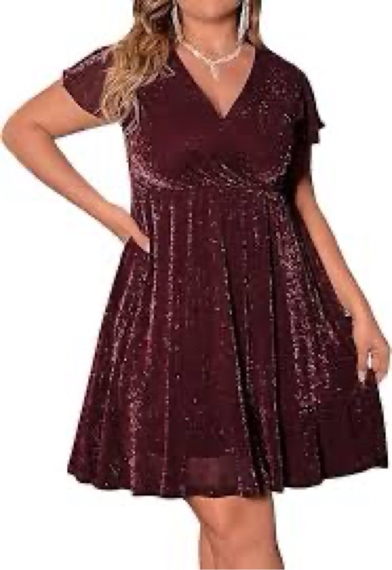 Floerns Women's Plus Size Wrap V Neck Short Sleeve Glitter Party A Line Dress Burgundy 3XL