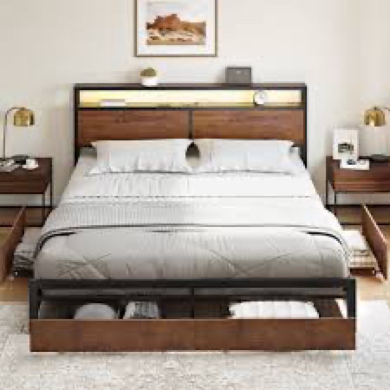 antioch bed frame with 2 underbed drawers & 2 bedside drawers, modern bed with charging station & led light
