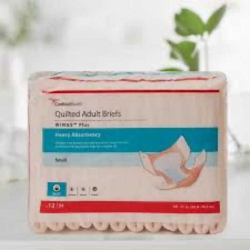 cardinal health™ quilted adult briefs, wings™ plus, heavy absorbency, size small, unisex adult briefs, disposable incontinence diapers with refastenable tabs – case of 8 bags of 12 briefs (96 total)