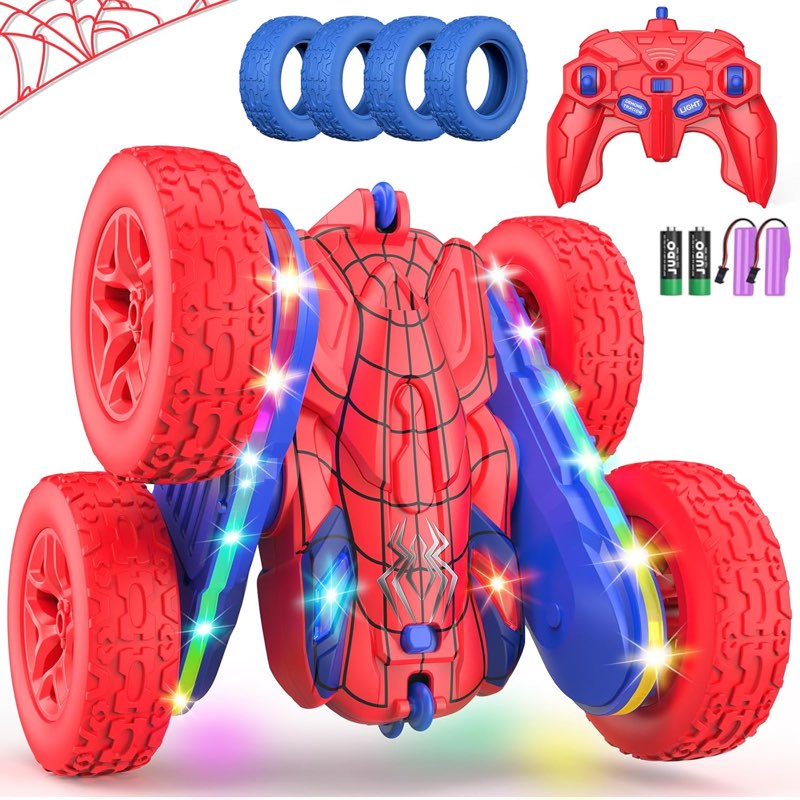 Terucle Remote Control Car Spider Rc Cars New Upgraded Strip Lights and Headlights Car Toys Double-Sided 360° Rotating Rc Truck for Boys Girls Birthday Gift (Red)