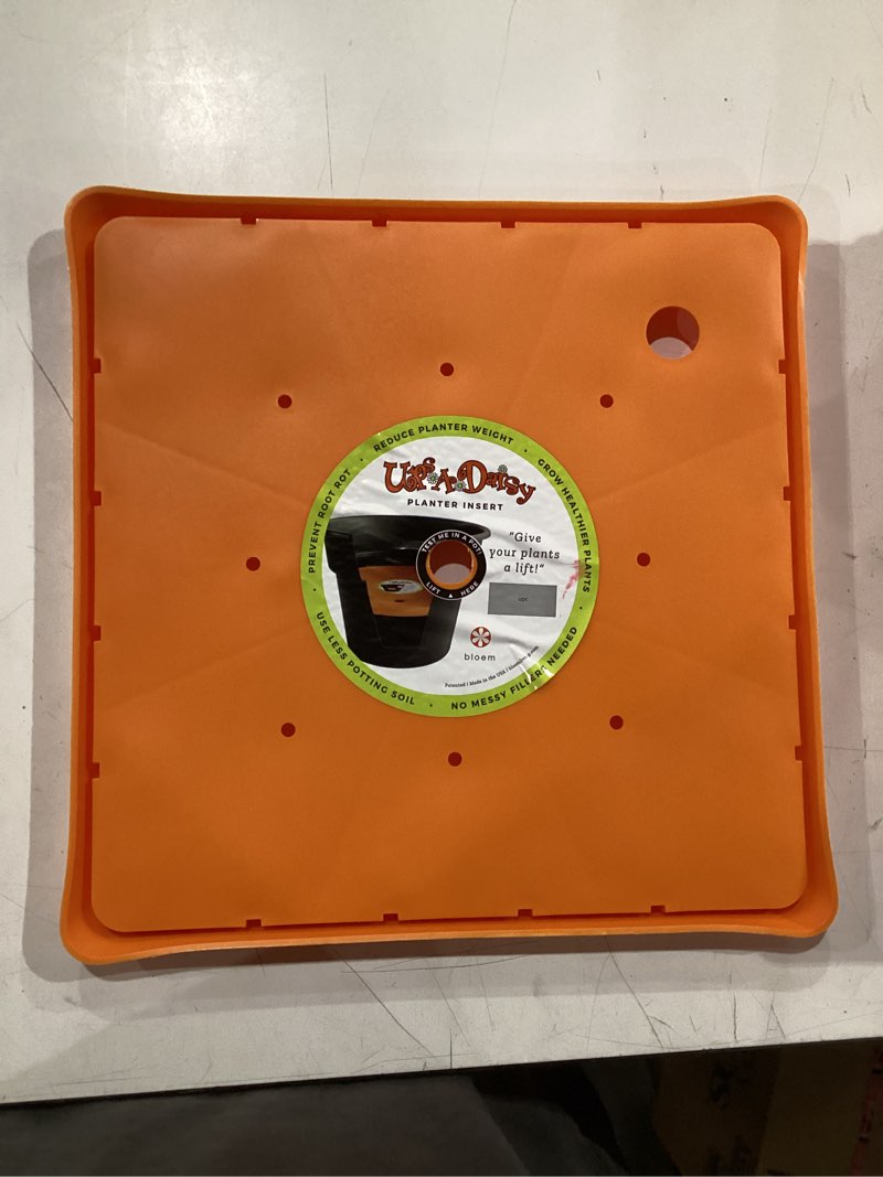 Condition photo showing New/Like New for bloem ups-a-daisy square planter insert - 14.75" width x 1" thick | soil-saving insert with drainage holes for square planters; typically fits into planters between 19 to 21 inches wide. orange 15" (pack of 1)