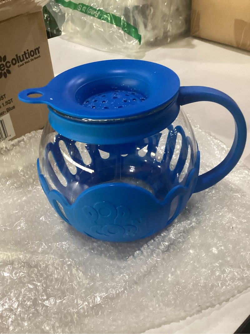 Condition photo showing Good Condition for ecolution patented micro-pop microwave popcorn popper with temperature safe glass, 3-in-1 lid measures kernels and melts butter, made without bpa, dishwasher safe, 1.5-quart, blue