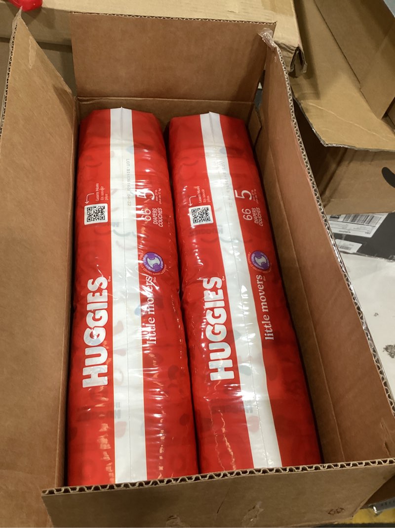 Condition photo showing New/Like New for Huggies Size 5 Diapers, Little Movers Baby Diapers, Size 5 (27+ lbs), 132 Count (2 Packs of 66), Packaging May Vary Size 5 132
