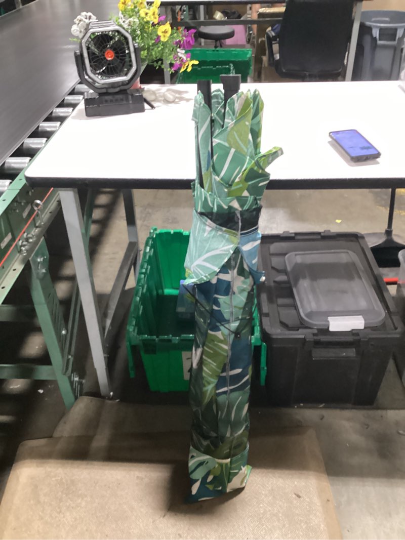 Condition photo showing As Is for mainstays outdoor 9' palm round market patio umbrella, crank lift, 3-angle tilt