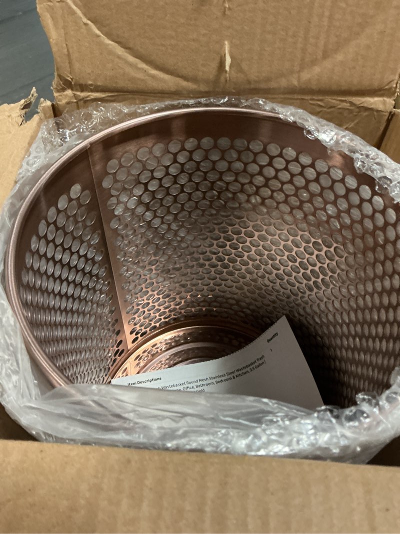 Condition photo showing Good Condition for mesh wastebasket round mesh stainless steel wastebasket trash can recycling bin for home, office, bathroom, bedroom & kitchen, 3.5 gallon / 12l, 11" h x 10" d garbage can-rose gold