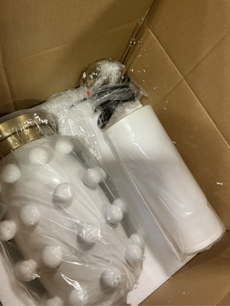 Condition photo showing New/Like New for Modern Ceramic Linden Table Lamp - 26" White Ball Farmhouse Design, Classic Table Lamp Pottery Tapered Drum Shade for Living Room, Bedroom, Office, and Home ?White? White Pottery 26 inch