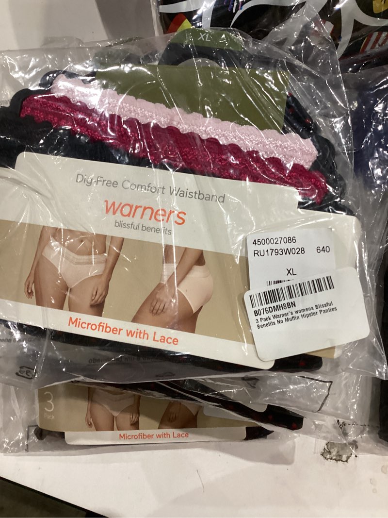 Condition photo showing New/Like New for Warner's womens Blissful Benefits No Muffin 3 Pack Hipster Panties Medium Amaranth Abstract Print / Black / Platinum