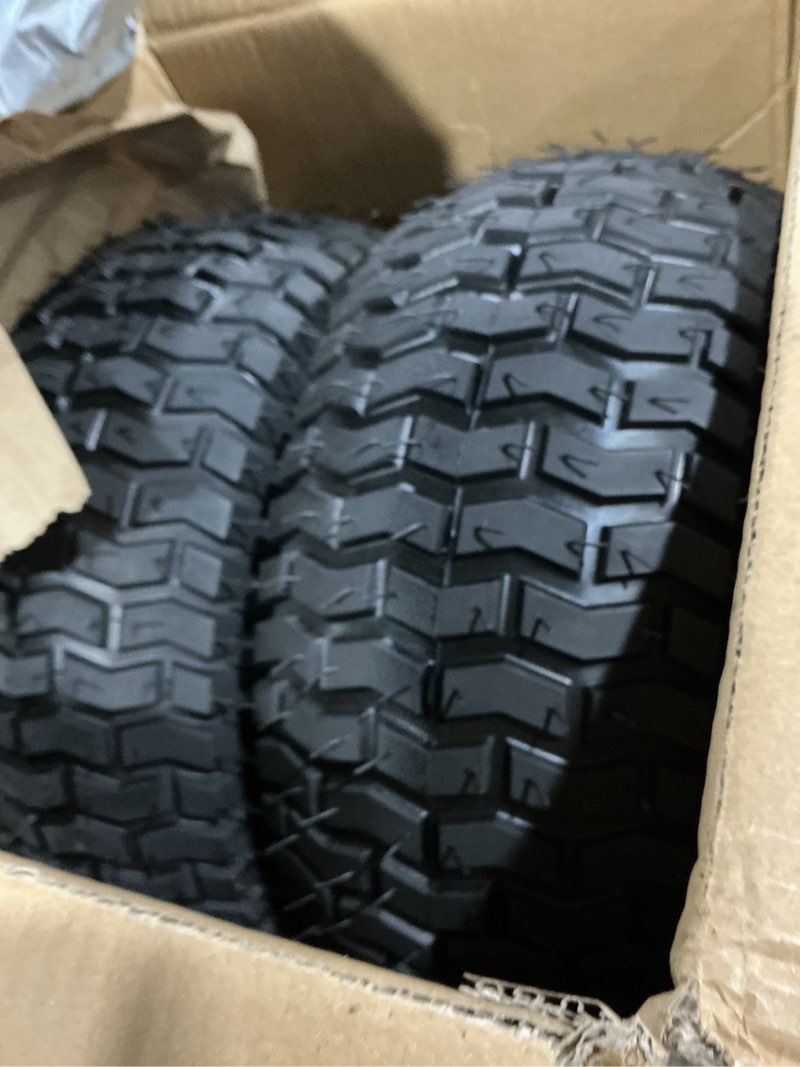 Condition photo showing Good Condition for 2 pcs 15x6.00-6 tubeless lawn mower tire and wheel, 15x6-6 lawn mower front tires, compatible with john deere riding mowers lawn tractors, with 3/4" & extra 5/8" bearings, 3"-4.4" offset hub, yellow