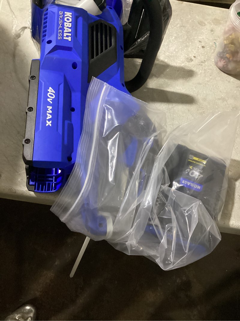 Condition photo showing As Is for kobalt 40-volt 40v lithium ion bare tool 14-in cordless electric brushless chainsaw (battery and charger not included)
