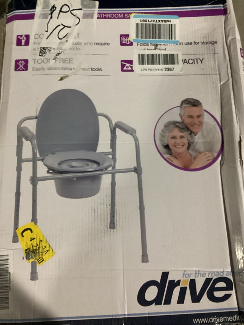 Condition photo showing New/Like New for Drive Medical Folding Steel Bedside Commode Chair - 3-in-1 Portable Toilet - Adjustable Height - 350 Lb Weight Capacity - 7.5 Qt Bucket - Adult Commode - Grey 1 Count (Pack of 1)