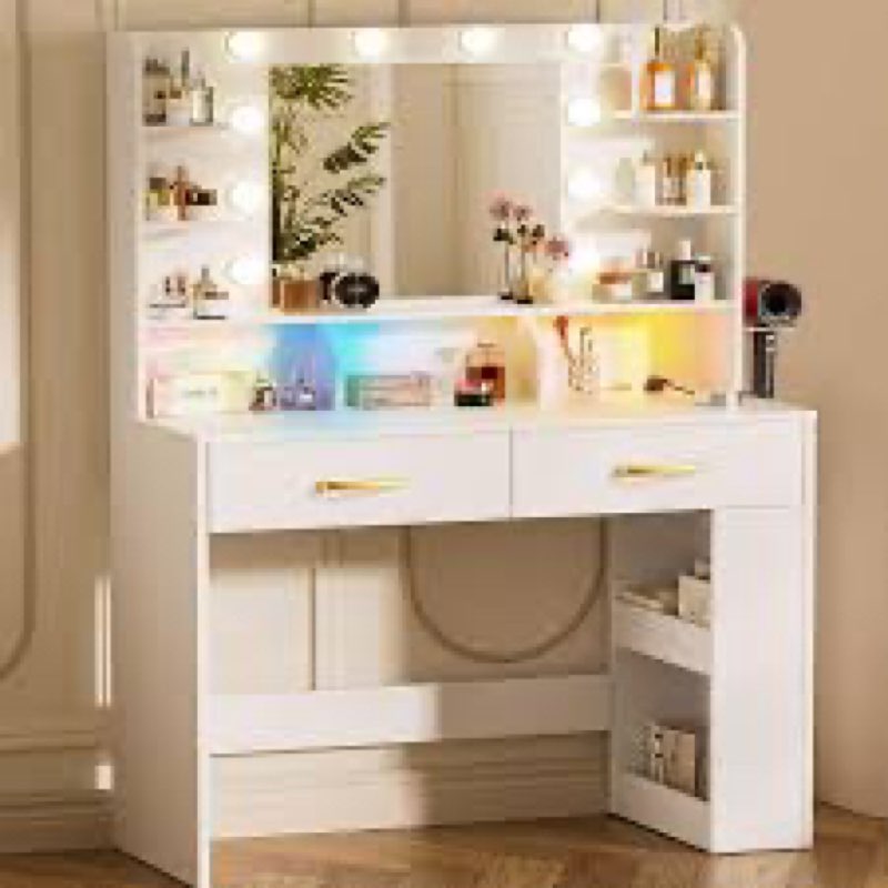 COMHOMA Makeup Vanity Desk with Mirror and Lights, Vanity Table and Chair Set with 4 Drawers and Cha