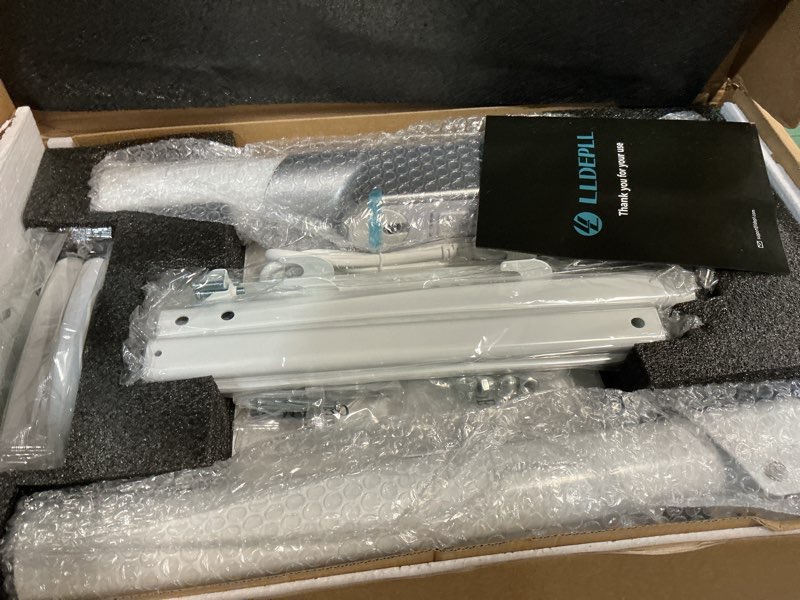 Condition photo showing New/Like New for universal tv stand tabletop tv mount with power outlet for 50-90 inch oled led monitors, 9 levels height adjustment, ambient lighting on the bottom holds up to 150lbs, white max vesa 600x400mm
